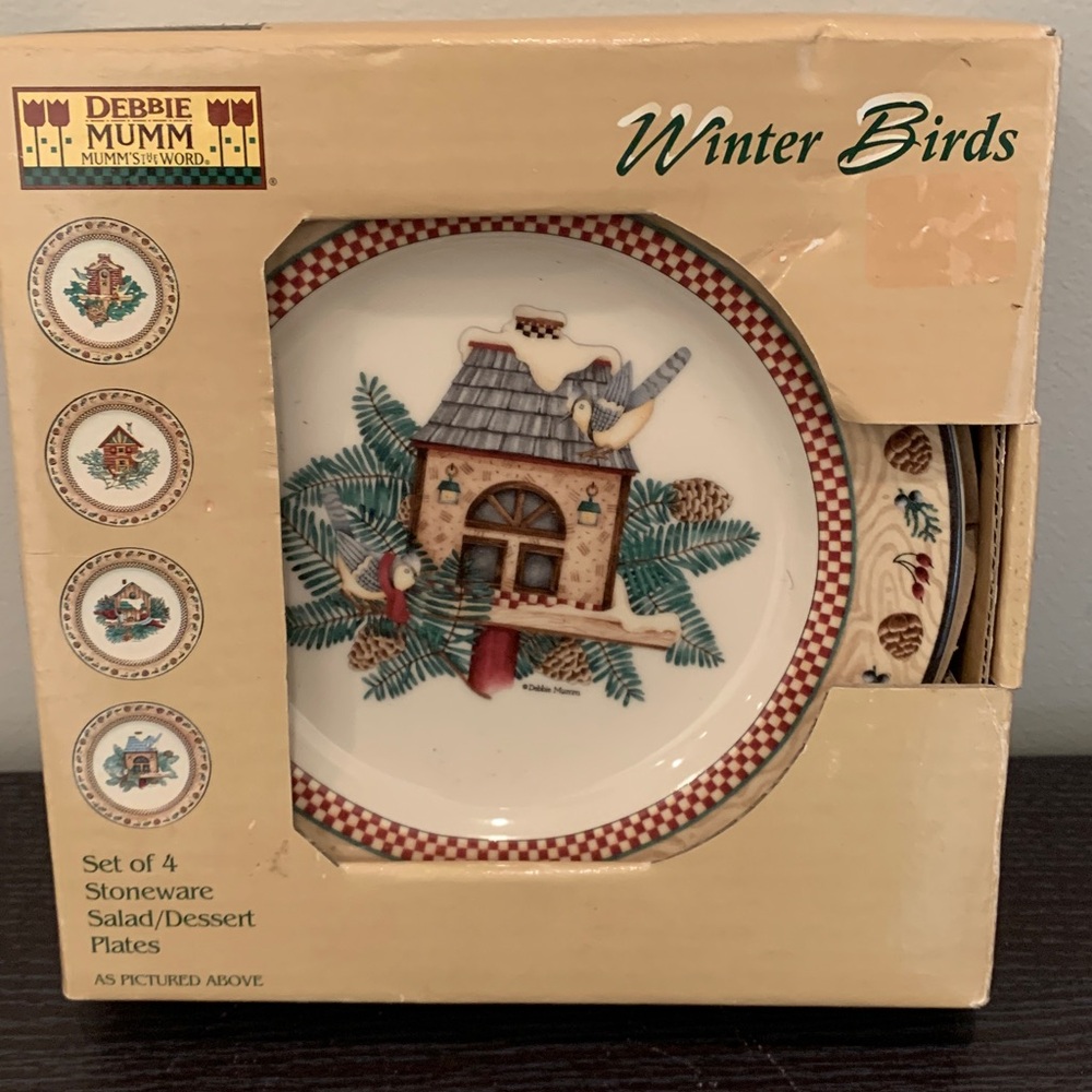 Debbie Mumm Sakura Winter Birds Salad Dessert Plates Set of 4 NIB Vintage 2000
